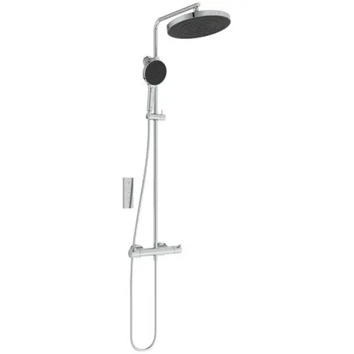Duschsystem von Ideal Standard mit einer großen Kopfbrause und einer Handbrause, montiert an einer senkrechten Stange, ausgestattet mit einem jeweiligen Bedienfeld.